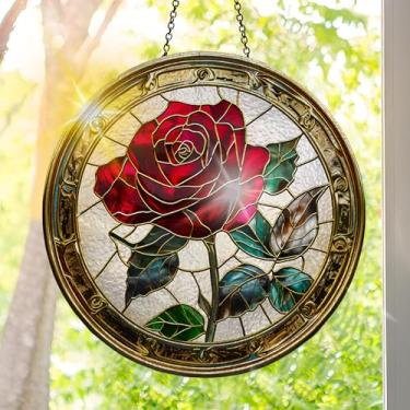 Imagem de Suncatcher acrílico colorido, decoração de janela suspensa de flores com design de vitral impresso, apanhador de sol, arte de parede de arco-íris, ornamentos de Natal para uso interno e externo 19,8 x