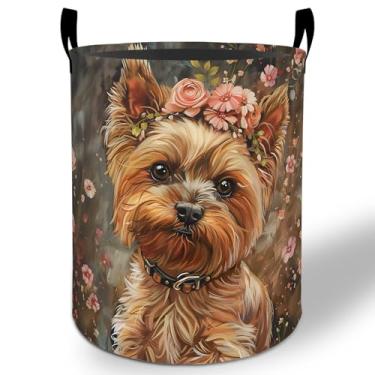 Imagem de Cesto de roupa suja Yorkshire Terrier fofo 50 x 40 cm, balde de armazenamento de roupas Oxford dobrável à prova d'água para quarto, banheiro, quarto, berçário, organizador de brinquedos, presentes