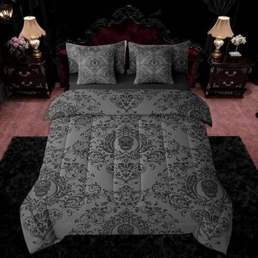 Imagem de Feelyou Conjunto de cama para adultos, preto, gótico, damasco, 7 peças, tamanho king, boêmia, caveira, edredom oriental e floral, boêmio, em uma bolsa