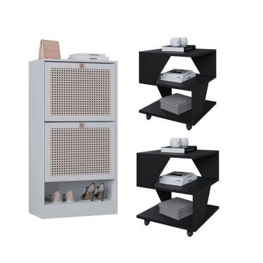 Imagem de Kit Sapateira 2 Portas E 2 Mesas De Cabeceira-centro Poquema Preto-branco