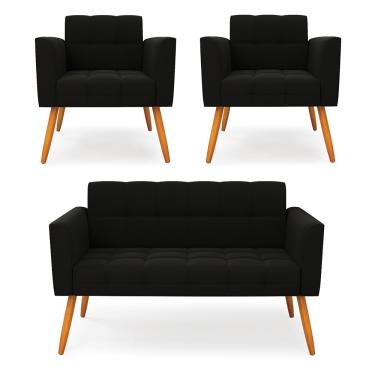 Imagem de Kit 1 Sofá Namoradeira e 2 Poltronas Elisa Suede Preto Pés Palito Castanho D03 - D'Rossi