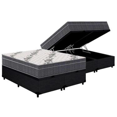 Imagem de Cama Box Baú Queen: Colchão Anatômico Ortobom D33 - Ep Airtech 100 + Base Crc Courano Black(158x198)