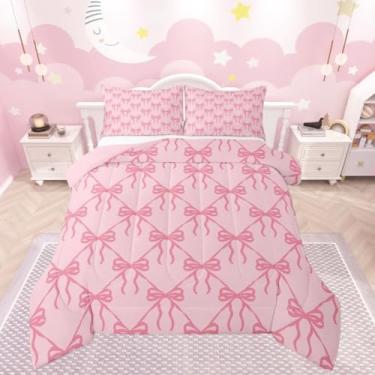 Imagem de meiyoeat Jogo de cama casal com laço rosa, fofo, para crianças, meninos, meninas, edredom kawaii, decoração de quarto, microfibra, 3 peças com 2 fronhas