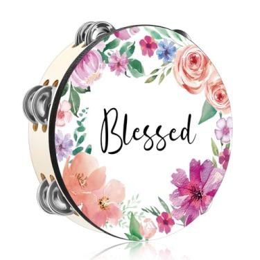 Imagem de Fiada Pandeiros para adultos 25,4 cm igreja flores cristãs dança pandeiro abençoado fileira dupla bíblia sino tambor de mão para igreja festa de oração percussão instrumento musical sino de mão bater