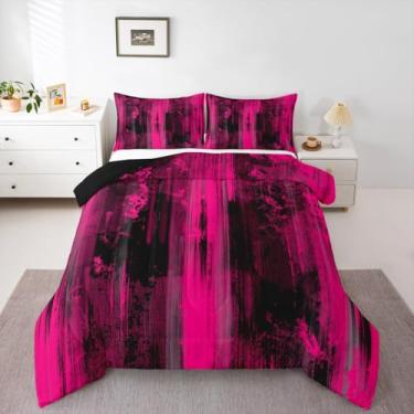 Imagem de Feelyou Conjunto de edredom abstrato, solteiro, moderno, arte abstrata, para crianças, meninos, meninas, rosa choque, preto, edredom de luxo, microfibra, 2 peças com 1 fronha
