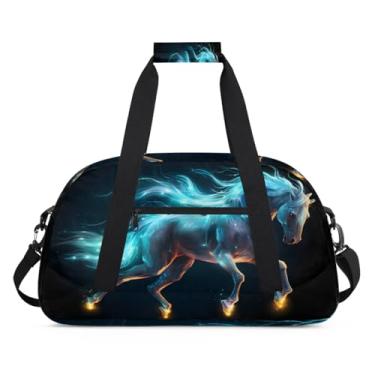 Imagem de Bolsa esportiva animal cavalo azul legal tamanho grande impermeável durável bolsa de noite bolsa de dormir bolsa de fim de semana bolsa de treino para dança, balé, academia, ginástica, mala de viagem