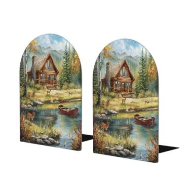 Imagem de Pintura casa lago grandes suportes de livros de madeira decorativo antiderrapante resistente terminais de livros para escritório mesa de escritório casa biblioteca escola estudo decoração divisórias