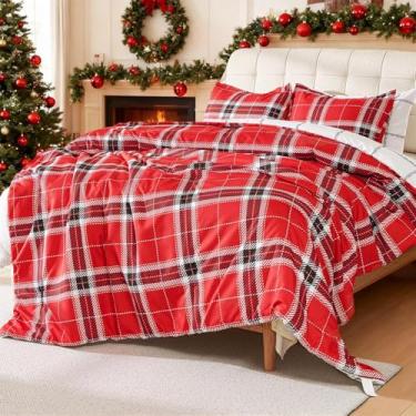 Imagem de Cmfshape Conjunto de edredom com estampa xadrez vermelho e preto, 5 peças, cama reversível em uma bolsa, edredom king size com 4 fronhas para todas as estações, 104 x 90