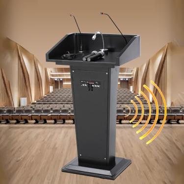 Imagem de Yadlan Púlpitos e pódios com sistema de som, pódio de mesa em pé para professores, elegante suporte de pódio de metal com amplificador e microfone para igrejas, sala de aula, salas de reunião, hotel