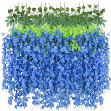 Imagem de APKPK 25 peças de flores artificiais para pendurar glicínias de 1,1 m, azul real, flores falsas, flores de seda, corda de ratã, videira sintética para parede, casa, festa de casamento, arco, vegetação