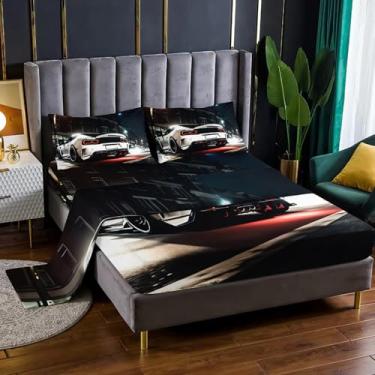 Imagem de Nttopship Jogo de cama de carro esportivo, 4 peças, tamanho Queen, branco, com bolsos profundos de 41 cm, decoração de quarto de carro de corrida, conjunto de cama com 4 peças (1 lençol + 1 lençol + 2
