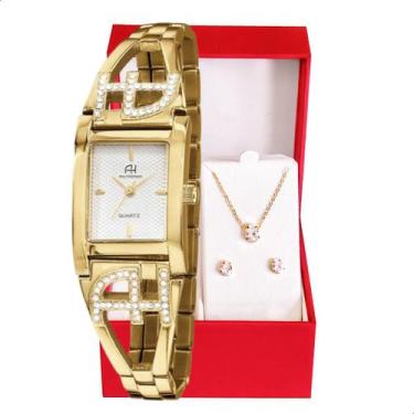 Imagem de Kit Relógio Feminino Champion Ana Hickmann Dourado Quadrado AH28017H C