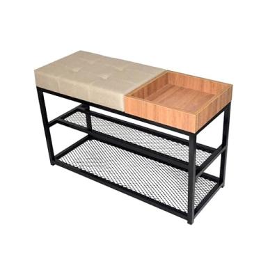 Imagem de SAPATEIRA ORGANIZADORA COM TELA 80CM ASSENTO ESTOFADO LUXO CAPITONE COM CAIXA APARADOR(Estrutura Preta/Assento Linho)