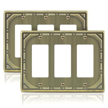 Imagem de Pacote com 2 capas decorativas triplas para interruptores de parede, placas de interruptor basculante de metal decorativo de latão antigo