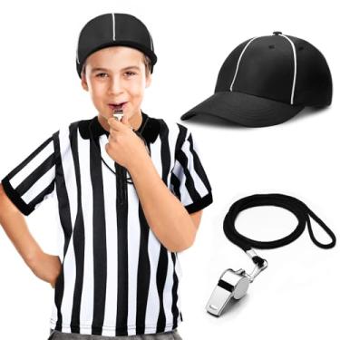 Imagem de Conjunto de 4 peças de fantasia de árbitro infantil chapéu de árbitro listrado preto e branco camisa de árbitro apito de aço inoxidável com cordão bandeira de pênalti amarela para futebol americano jogos de Halloween acessório de festa (grande)