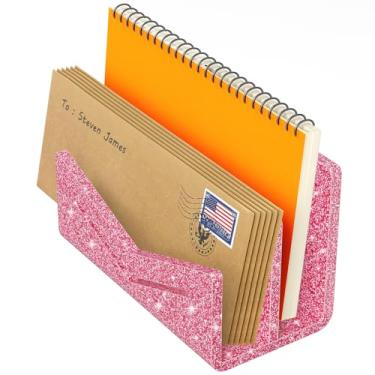 Imagem de Beego Bancada organizadora de envelopes e correios - 2 compartimentos com glitter rosa acrílico organizador de cartas, classificador de arquivos de mesa, suporte de pasta de documentos para escritório