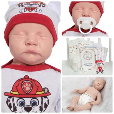 Imagem de Boneco Reborn Recém Nascido Dormindo Com Pelúcia Kit Itens - Cegonha R