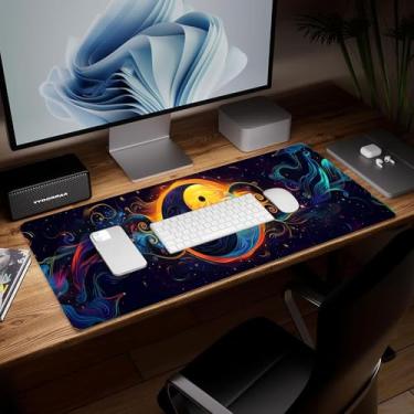 Imagem de Tapete de mesa de couro lua, mouse pad de arte colorida grande teclado de computador para jogos, capa e protetor de mesa à prova d'água, tapete decorativo de couro PU para laptop, decoração de casa