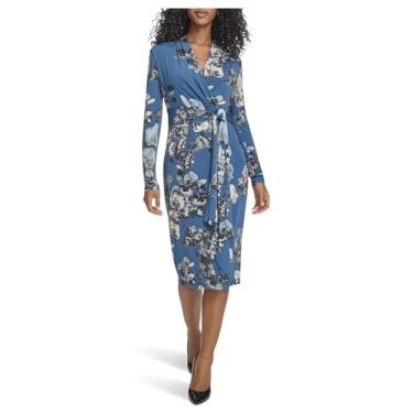 Imagem de Calvin Klein Vestido midi feminino de manga comprida com decote em V fosco, Índigo vintage/cáqui multi, 46