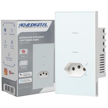 Imagem de Interruptor Inteligente Zigbee Novadigital 2 Teclas Botões Soft Touch 1 Tomada 20A Quartzo Compatível Com Tuya Smart Life Alexa Google 110V 220V Bivolt 4x2 Branco