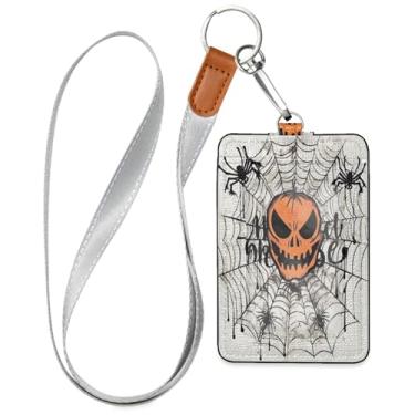 Imagem de Wassud Porta-crachá de couro PU tatuagem com teia de aranha com cordão, porta-cartão de identificação para trabalho, cordão de pescoço com compartimentos para cartões de crédito, funcionários