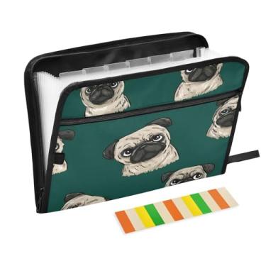 Imagem de CEBUGI Pasta expansível de 13 bolsos, impermeável, sanfonada, organizador de arquivos com etiquetas tamanho A4, organizador de documentos de papel para escola, material de escritório, cachorrinho, pug