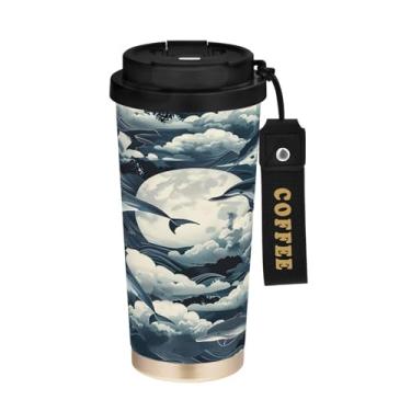 Imagem de YETTASBIN Caneca de café Dolphin com isolamento térmico de 482 g com tampa canudo, copo à prova de derramamento e vazamento com alça para bebida quente e fria, garrafa de água de aço inoxidável