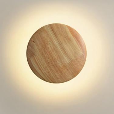 Imagem de Luminária de parede redonda de LED para interiores, em madeira, estilo art déco moderno, com intensidade regulável em 3 modos de cor, ideal para cabeceira (3000K/4500K/6000K), luz noturna el