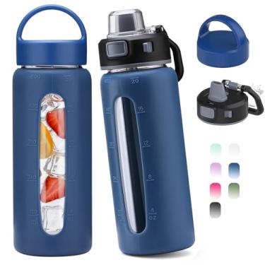 Imagem de Kodrine Garrafa de água de vidro de 590 ml com canudo - 2 tampas - xícara de café gelada com manga de silicone e marcador de tempo, garrafa de vidro reutilizável para casa, escritório, ao ar livre