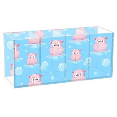 Imagem de Burbuja Suporte de caneta de acrílico para hipopótamos de desenho animado, 4 compartimentos, suporte de lápis transparente para pincéis de maquiagem, acessórios de mesa de escritório em casa