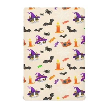 Imagem de Burbuja Lençol de berço com rosto de gato de Halloween para meninos e meninas, lençol com elástico 71 x 132 cm para colchão padrão de berço e criança, macio e respirável