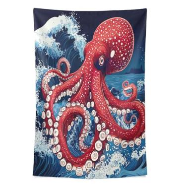 Imagem de STAYTOP Tapeçaria de parede de polvo nas ondas, tapeçarias para decoração de casa, dormitório, sala de estar, quarto, tapete de parede (90 × 60 pol)