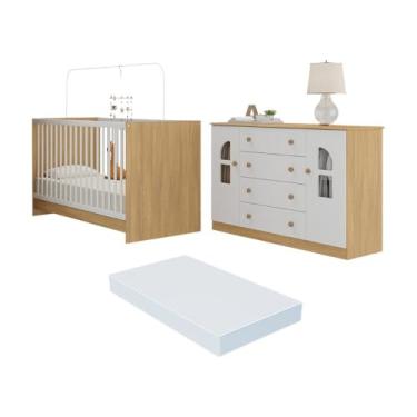 Imagem de Berço 3 em 1 com Colchão Incluso e Cômoda 2 Portas 4 Gavetas Amora Multimóveis Mp4771 Madeirado/branco