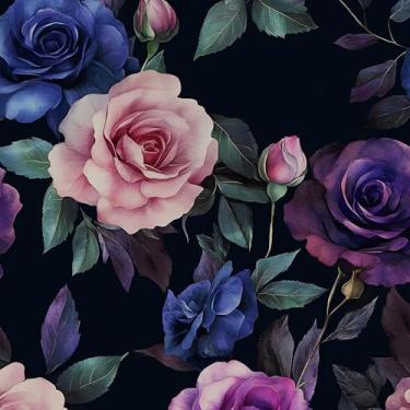 Imagem de Papel de parede de rosas roxas e azuis profundas 43 cm x 38 cm gótico vintage floral contato vinil à prova d'água autoadesivo removível fundo preto decoração de parede para quarto paredes armário