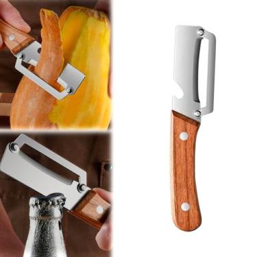 Imagem de Descascador de vegetais 2 em 1 com abridor de garrafa, descascador de vegetais multifuncional com lâminas afiadas de aço inoxidável, adequado para abóbora, mamão, abobrinha, batata (1, madeira)