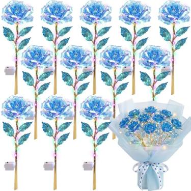 Imagem de Lyrow 12 peças de flores de LED rosa iluminadas coloridas artificiais, arco-íris, galáxia, para namorada, mãe, dia das mães, aniversário, casamento, dia dos namorados, 24 cm (azul)