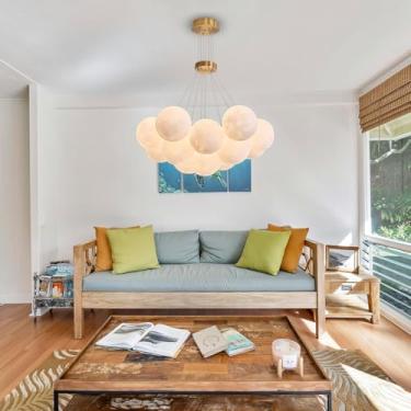 Imagem de Lustre moderno para sala de jantar com altura ajustável, cúpula decorativa de vidro branco em formato de lua, 7 lâmpadas, luminária pendente de ferro forjado para quarto, escritório, cozinha