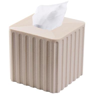Imagem de Capa quadrada de caixa de lenços de arenito branco listrado para decoração de casa, suporte de caixa de tecido pesado de resina para bancada de banheiro, mesa, mesa de cabeceira, escritório (feito à