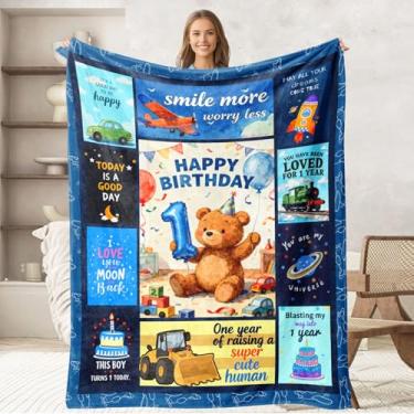 Imagem de keepitcozi Cobertor de feliz aniversário para meninos, presentes para meninos de 1 ano, presentes de 1º aniversário para meninos de um ano, decorações de aniversário para meninos 101,6 cm x 127 cm
