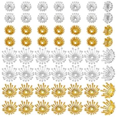 Imagem de PH PandaHall 120 peças, 2 tamanhos, tampas de contas de flores, douradas, prata, contas, contas, estame, filigrana, metal, vazado, filigrana, várias pétalas, espaçador, miçangas, para pulseira