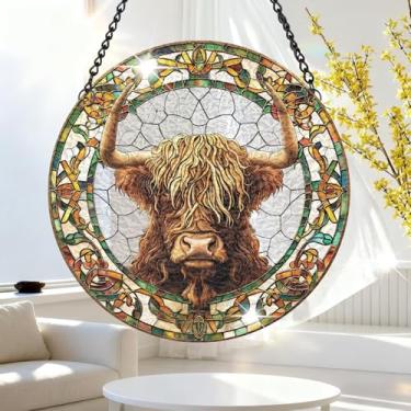 Imagem de 1 peça de decoração pendurada de acrílico colorido, vaca Highland Cow, decoração de janela de 18 cm com design de vitral impresso, ideia de presente e ornamento de jardim uso interno e externo/ZSW-13