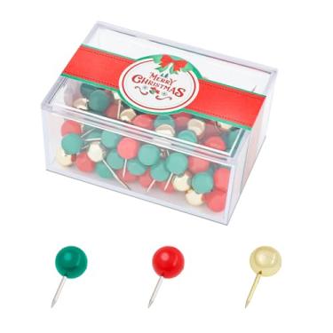 Imagem de BAYTORY 120 peças de pinos de Natal, tachas de polegar para quadro de avisos, tachas de polegar fofas com recipiente de armazenamento transparente, tachinhas decorativas para quadro de cortiça, para