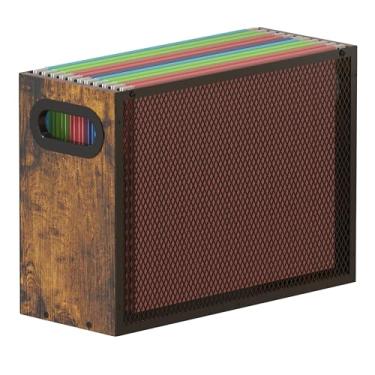 Imagem de Piskyet Organizador de arquivos de madeira para mesa, organizador de pastas de arquivos de malha de metal, caixa de armazenamento com alça para mesa de escritório em casa, tamanho carta, marrom