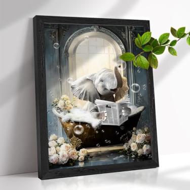 Imagem de Elefante emoldurado decoração de parede de banheiro elefante engraçado na banheira arte de parede animal humor moderno impressões de arte para decoração de parede de banheiro (emoldurado, 30,5 x 40,6
