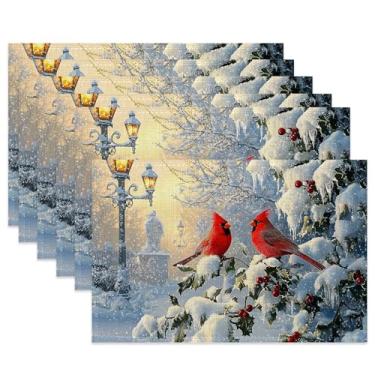 Imagem de Jogo americano de mesa, conjunto de 6 jogos americanos de pano de pássaros cardeais de inverno, tapetes de mesa resistentes ao calor para decoração de cozinha e sala de jantar, tapetes de tecido