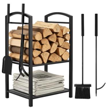 Imagem de Breeze Touch Rack de lenha interno de 73 cm com ferramentas, conjunto de ferramentas de lareira de metal preto de 5 peças, suporte de madeira à prova de ferrugem, rack de armazenamento de lenha