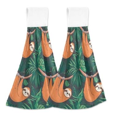 Imagem de Toalhas de cozinha verdes preguiças tropicais com laço para pendurar toalhas de banho personalizadas conjunto de 2 toalhas de cozinha absorventes para decoração de casa, 46 x 35 cm