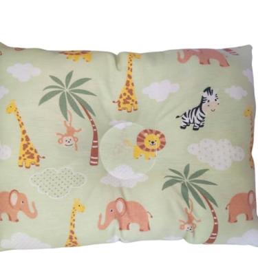 Imagem de Travesseiro Anatômico Bebê Mundo Animal para Berço e Carrinho Safari Verde 27x37cm Fibra Siliconada Hipoalergênica Algodão