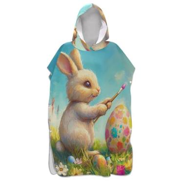 Imagem de TSENQUE Lindo coelhinho da Páscoa pintura ovo surf poncho para adulto trocador de roupa de praia moletom com capuz toalha floral plus size masculino poncho com capuz