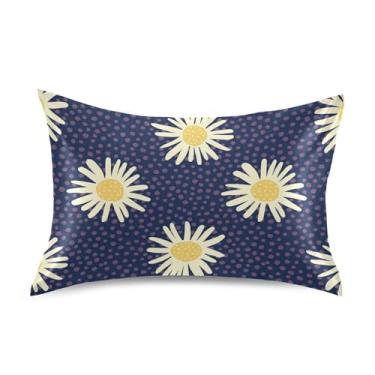 Imagem de Fronhas de cetim azul marinho com estampa de margaridas bege para resfriamento de cabelo fronha padrão queen king fronha personalizada para cama cuidados com o cabelo tamanho queen 76,2 cm x 50,8 cm